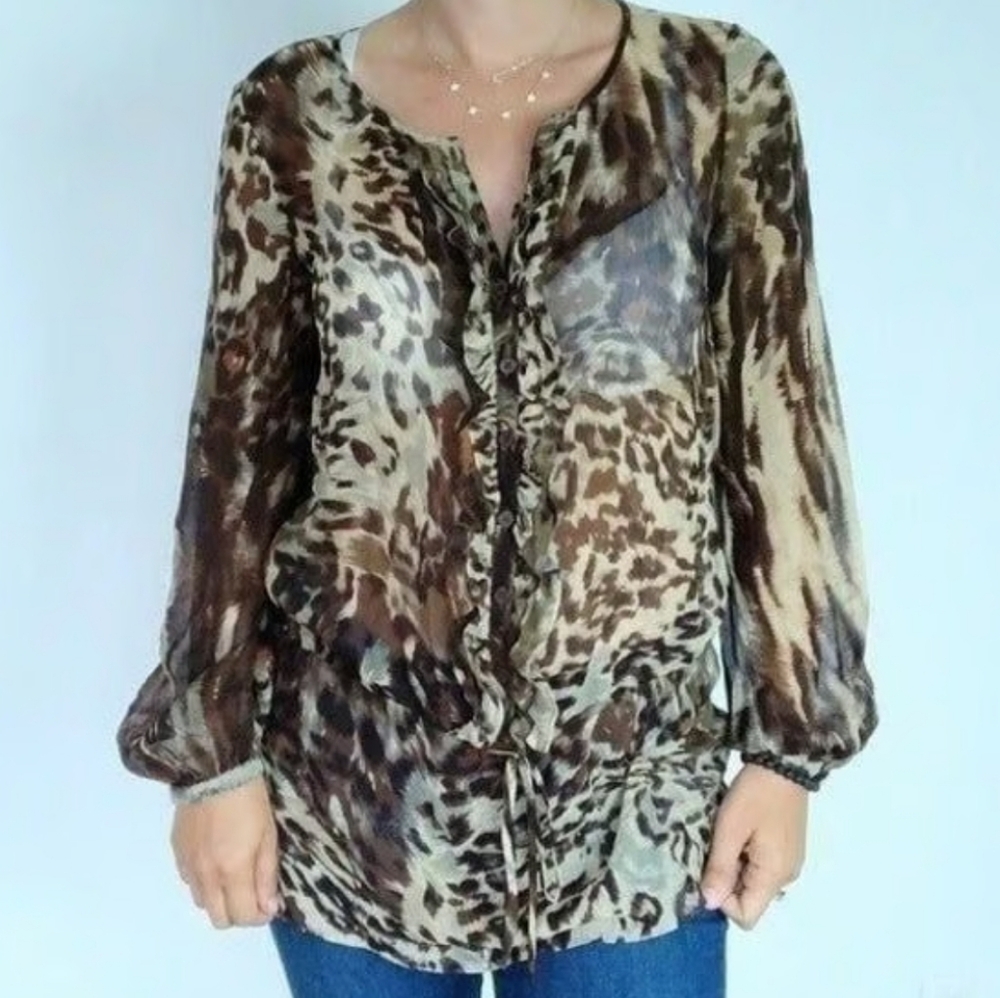 CABI BROWN RUFFLE ANIMAL PRINT SILK BLOUSE.SIZE‎ XS